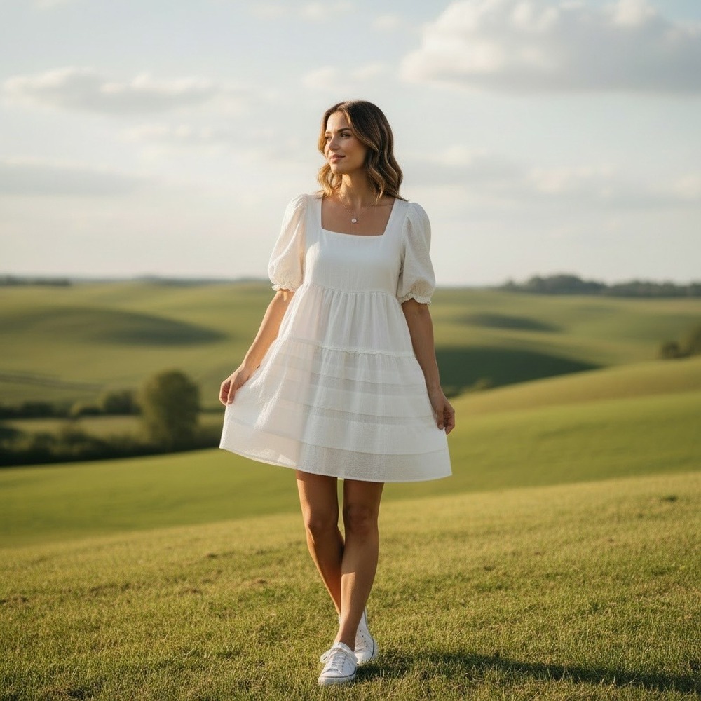 Anthropologie Babydoll White Tiered Puff Sleeve Mini Dress Square Neck Small
